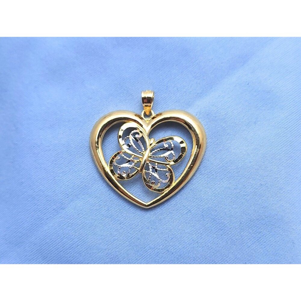 10K Two Tone Multi Color Gold Diamond Cut Open Heart Butterfly Charm Pendant